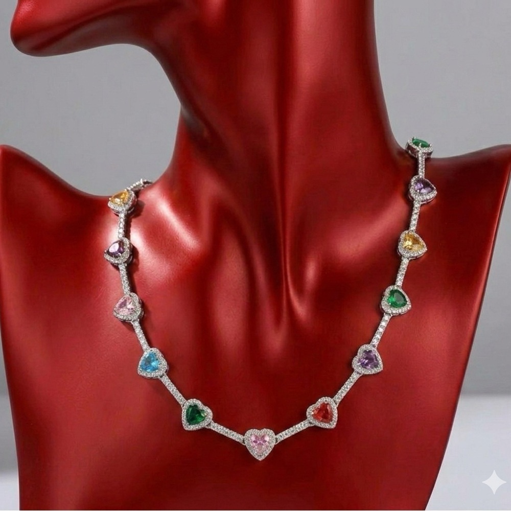 Multicolor Heart Gemstone Tennis Necklace - Women Jewelry - Picture 2 of 3